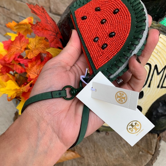 Authentic TORY BURCH Leather/beads watermelon top zip wristlet - Picture 7 of 12